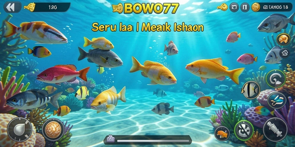 Tampilan gameplay BOWO77 dengan aksi menembak ikan yang seru.