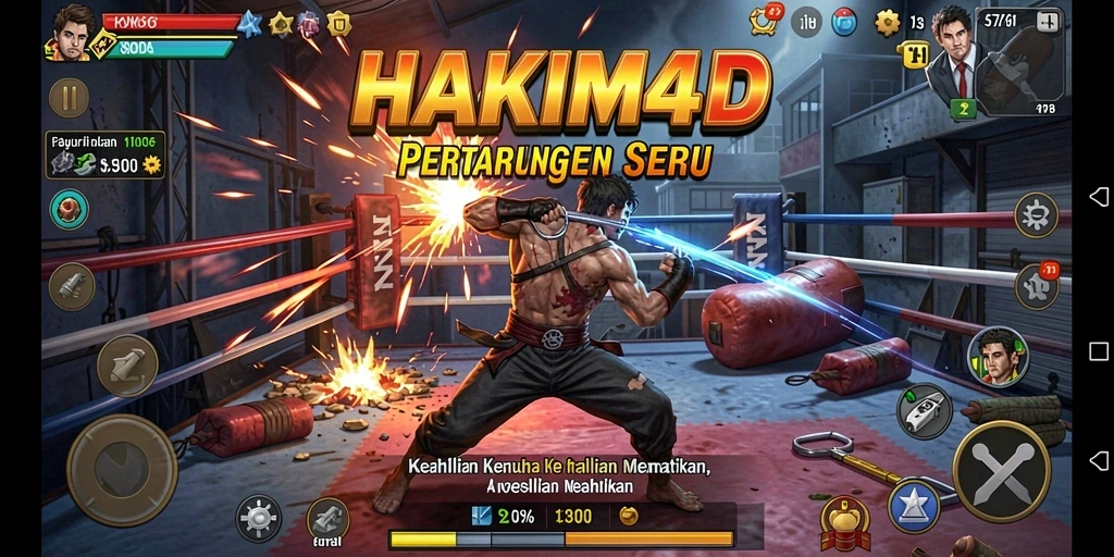 Tangkapan layar HAKIM4D menampilkan aksi pertarungan yang mendebarkan dengan karakter beragam.
