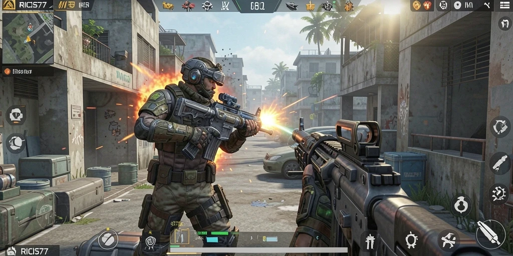 Screenshot gameplay RICIS77 menampilkan aksi menembak yang mendebarkan.