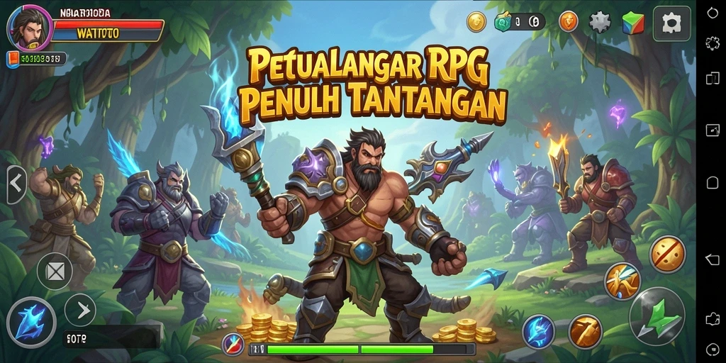 Screenshot gameplay WATITOTO menampilkan pertarungan seru antara pahlawan dan monster.